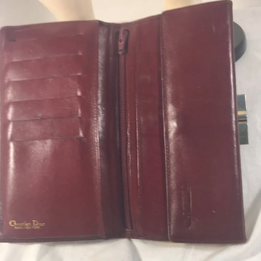 Christian Dior Vintage Burgundy Leather Trifold Kiss Lock Clutch Wallet
